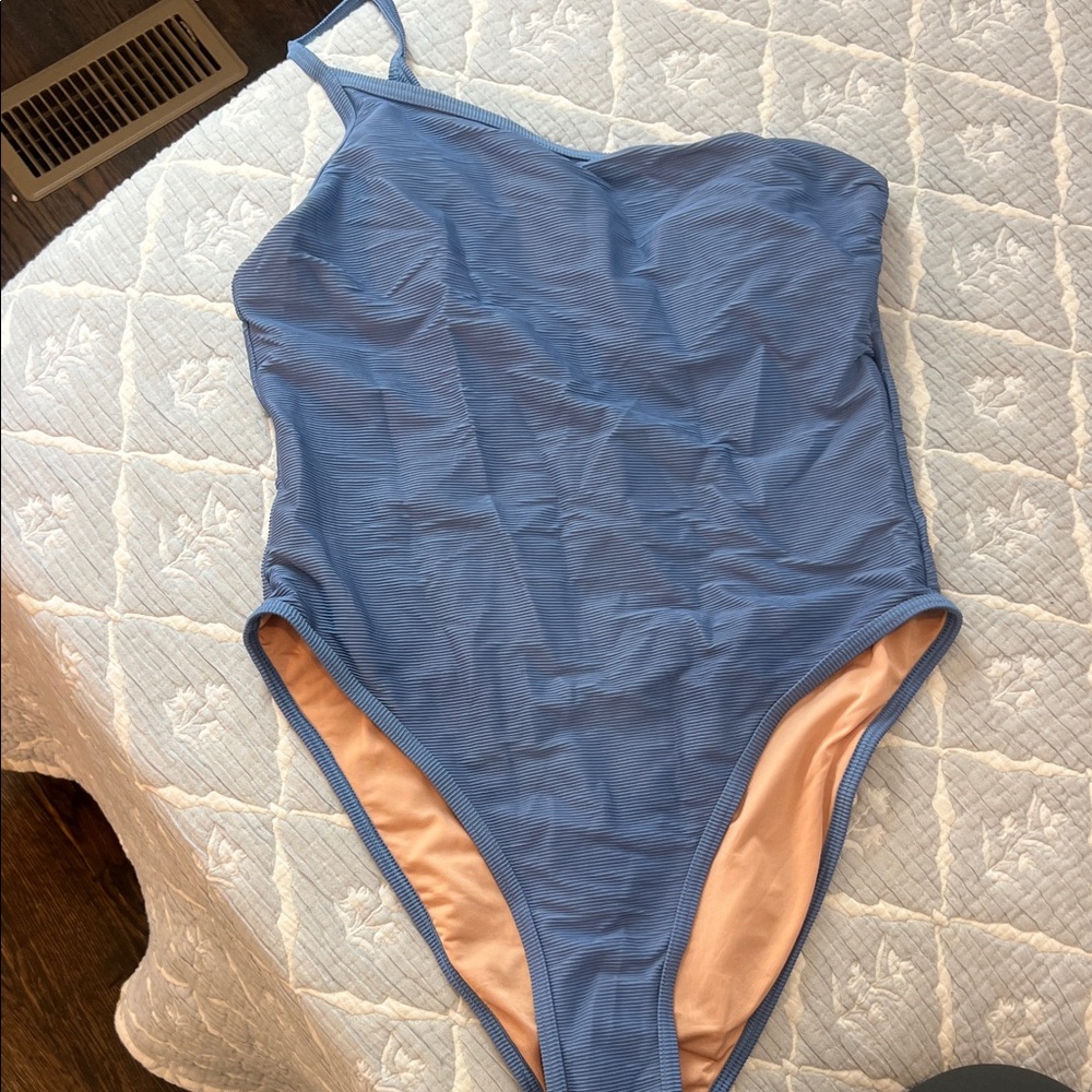 J. Crew Textured Slate Blue One-Shoulder Swimsuit with Peach Lining